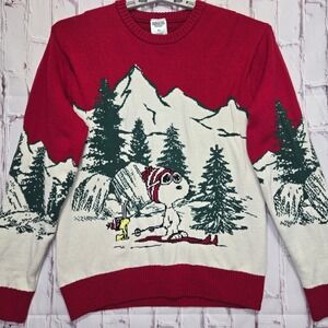 Peanuts Sweater Red Snoopy Skiing Winter Christmas Graphic Knit Ugly Mens XL